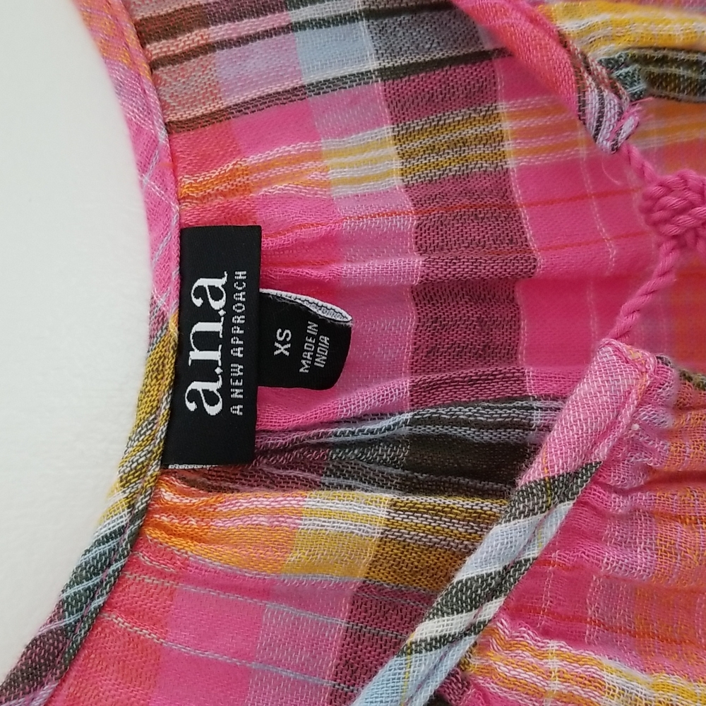 Pink Plaid Madras Open Shoulder Short Sleeved Bohemian Top with Tassel Ties - Picture 4 of 9